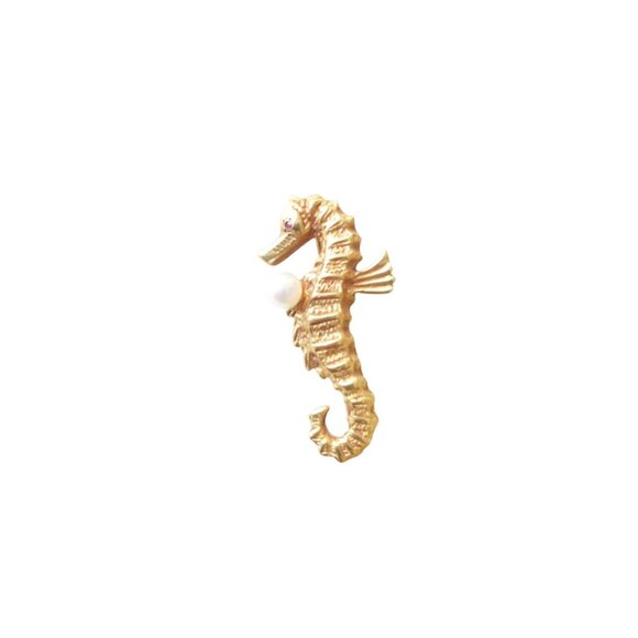 Seahorse Pin with Genuine Pearl 14K Gold Hallmarked Vintage Antique Jewelry - Picture 1 of 6